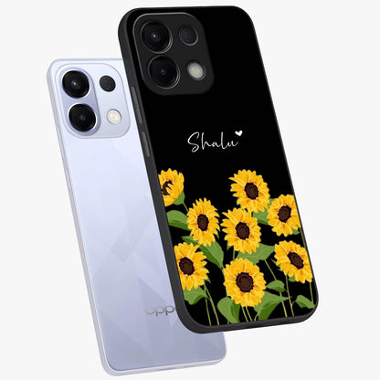 Sunflower Chic Mood Custom Name Glass Case displayed in angled mockup highlighting vibrant sunflower design with custom name feature.