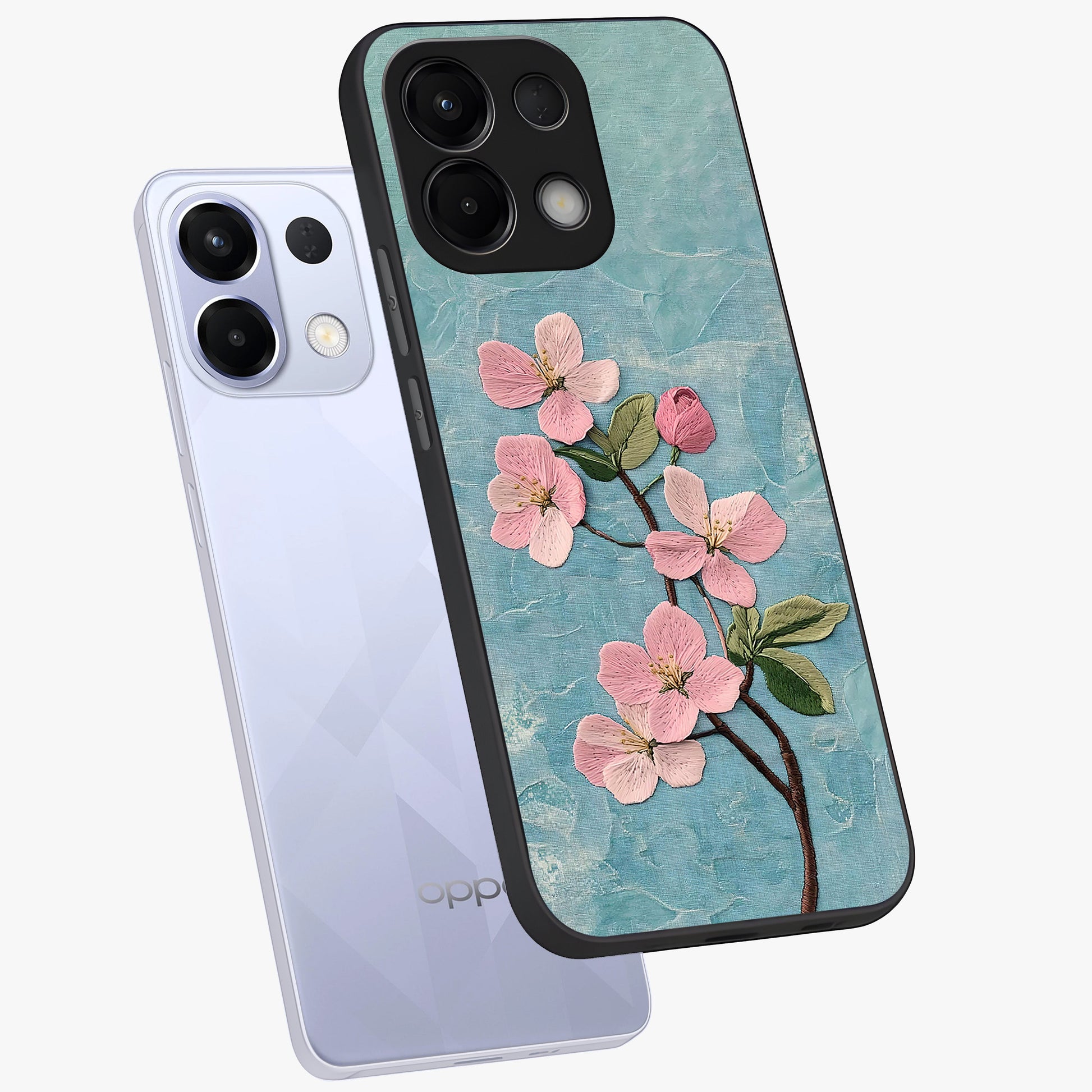 Threaded Blossom Breeze Glass Case displayed in angled mockup highlighting elegant floral design with soft aesthetic style.