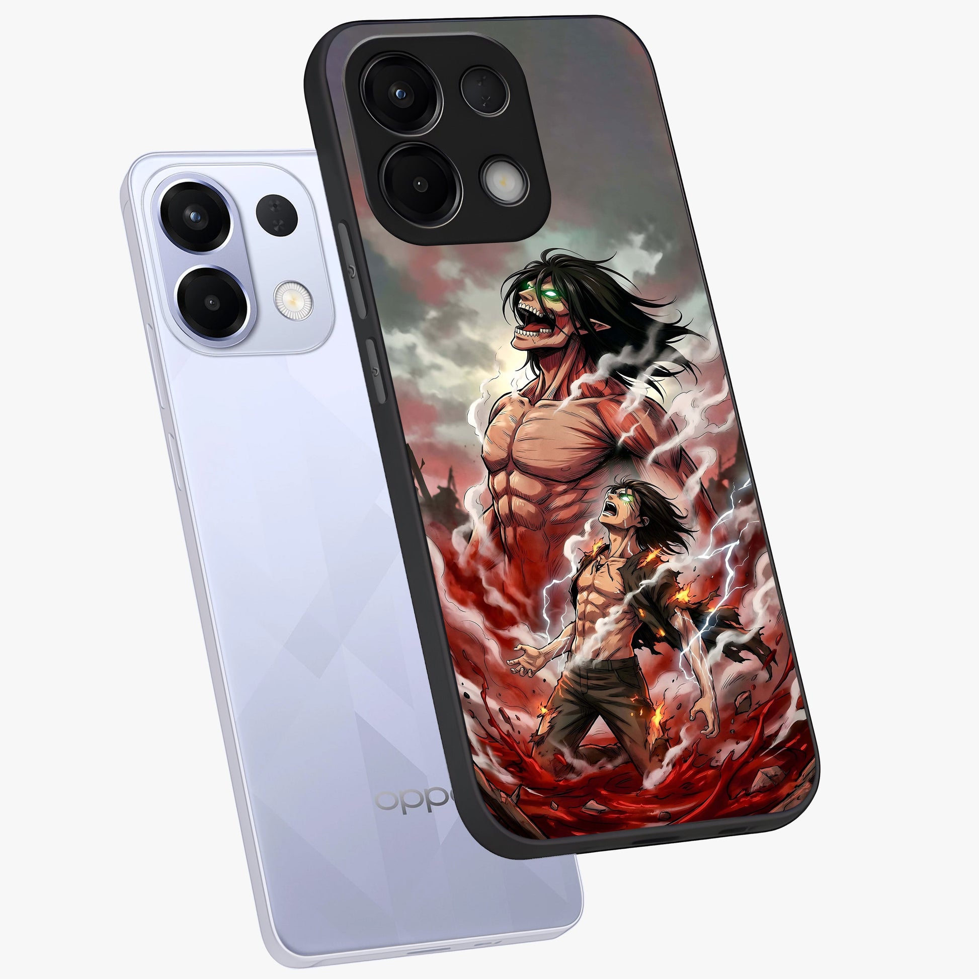 Titan Awakening Fury Glass Case displayed in angled mockup highlighting dramatic giant warrior design with bold anime aesthetic.