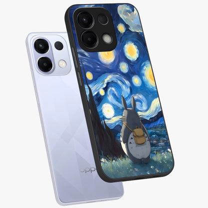 Totoro In Van Gogh Art Glass Case displayed in angled mockup highlighting artistic swirling sky design with playful animation aesthetic.