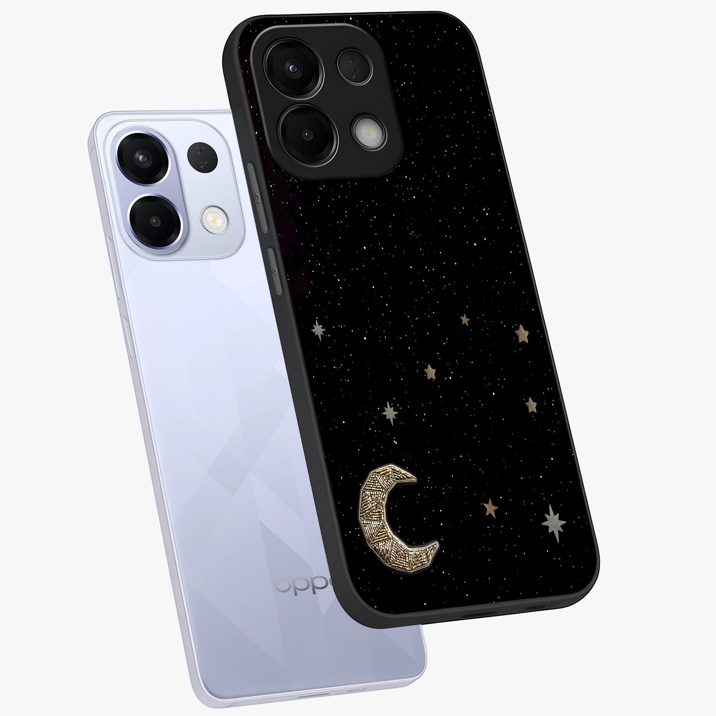 Twinkle Star With Half Moon Glass Case displayed in angled mockup highlighting celestial moon and star design with magical aesthetic.
