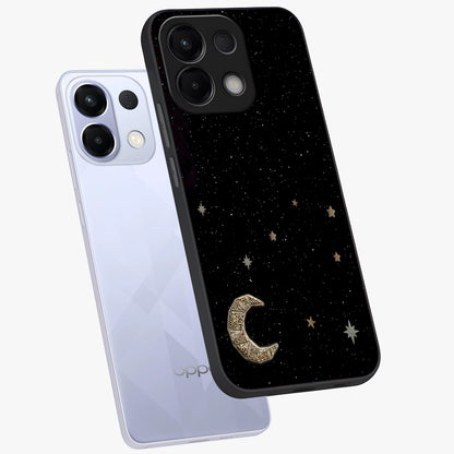 Twinkle Star With Half Moon Glass Case displayed in angled mockup highlighting celestial moon and star design with magical aesthetic.