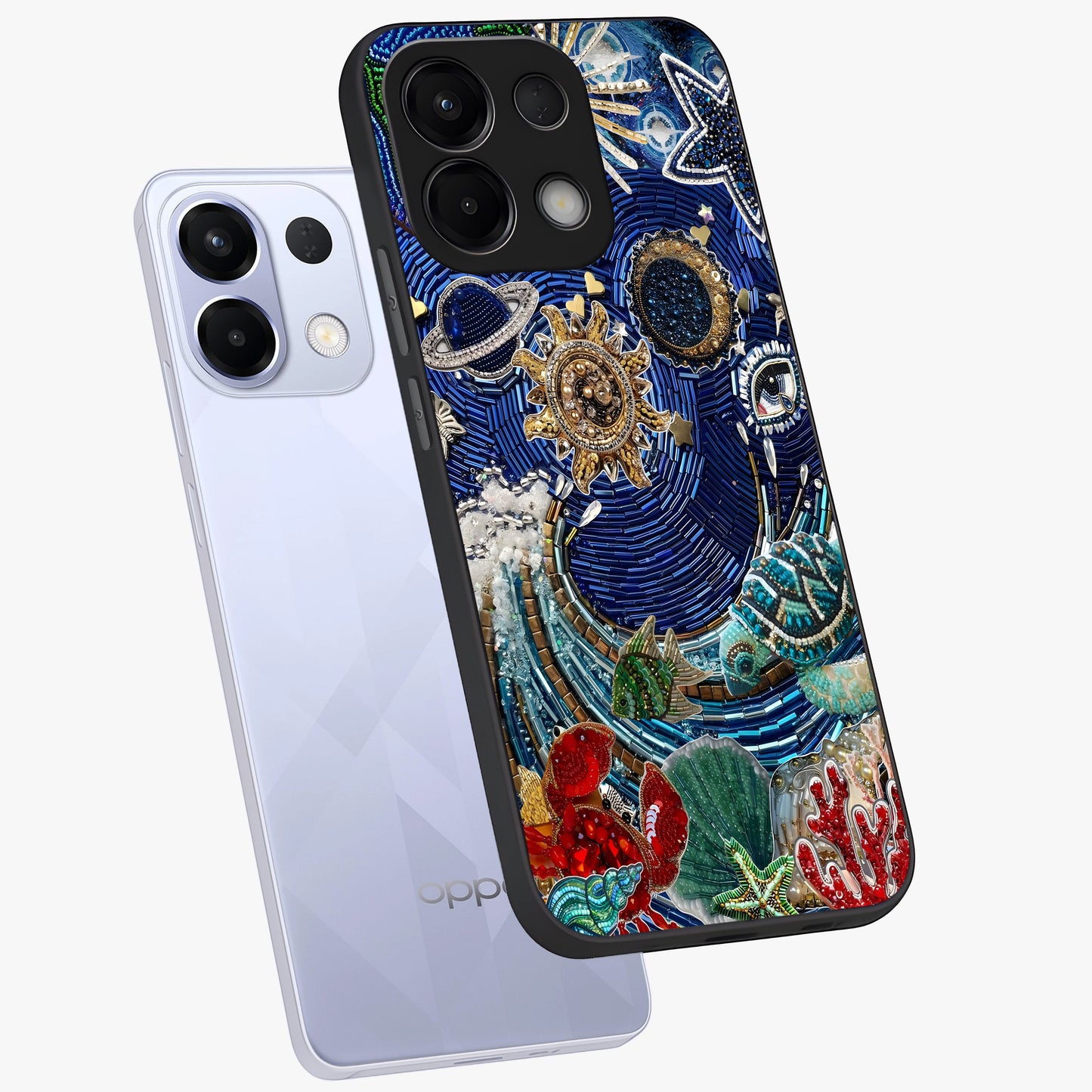 Universe Underwater Spark Glass Case displayed in angled mockup highlighting glowing aquatic design with celestial aesthetic.