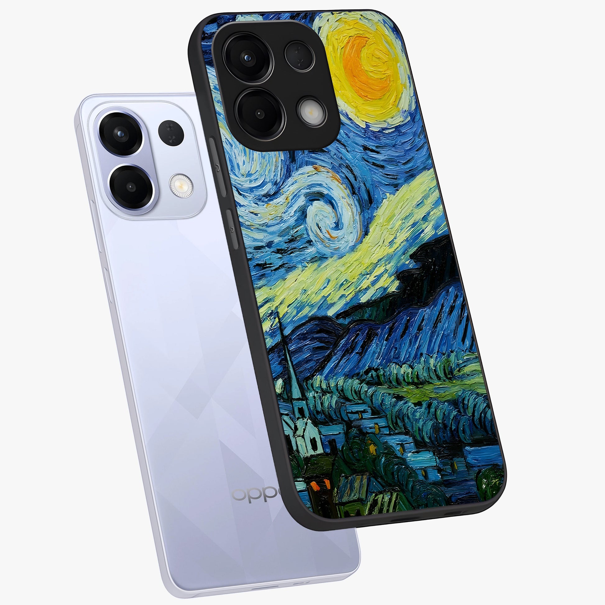 Van Gogh Art Glass Case displayed in angled mockup highlighting swirling brushstroke design with artistic aesthetic.