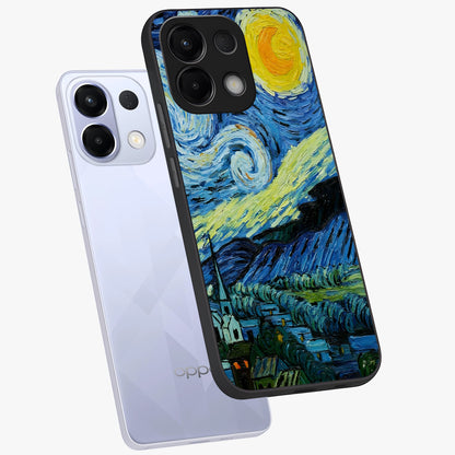 Van Gogh Art Glass Case displayed in angled mockup highlighting swirling brushstroke design with artistic aesthetic.