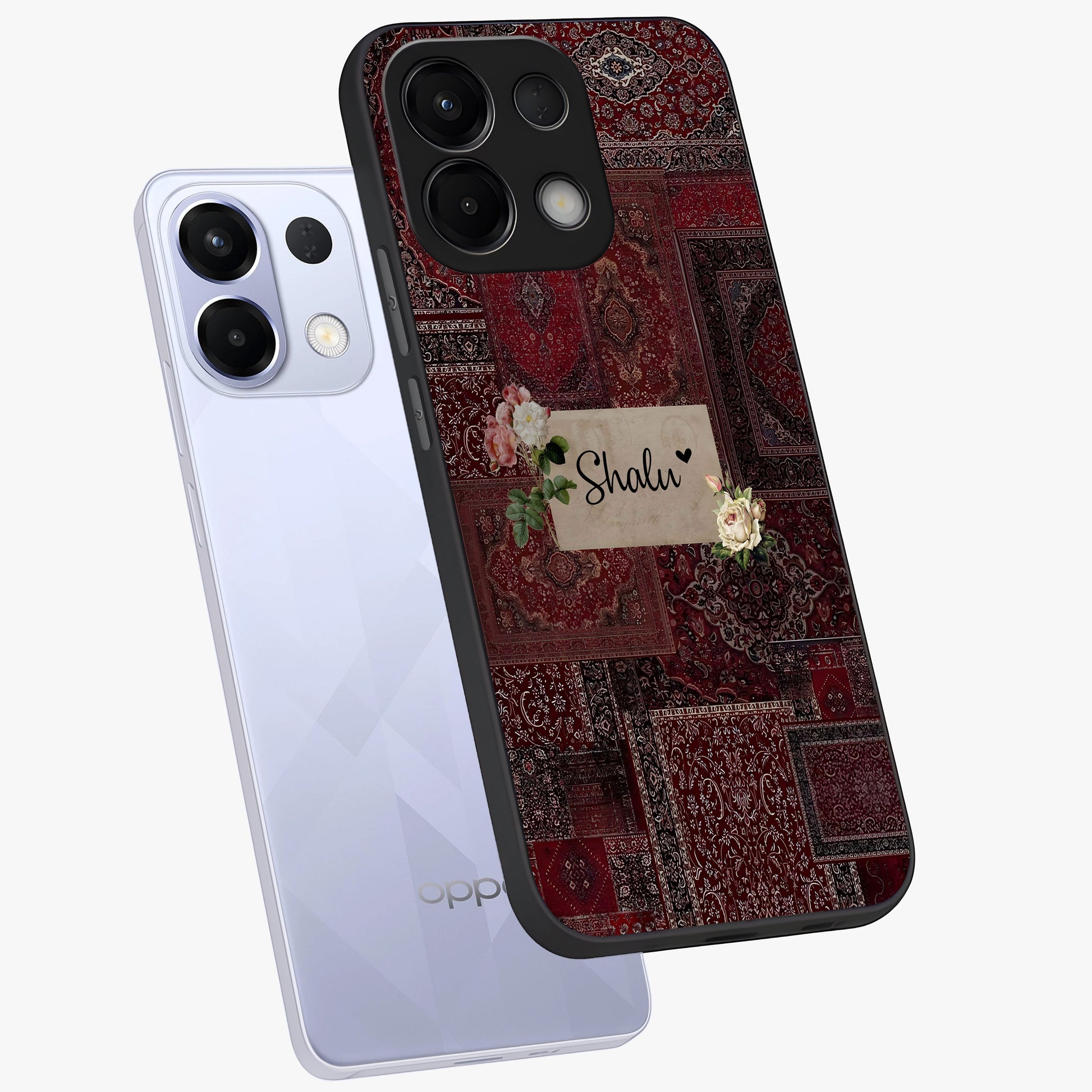 Velvet Wine Pattern Custom Name Glass Case displayed in angled mockup highlighting decorative velvet inspired design with custom name feature.