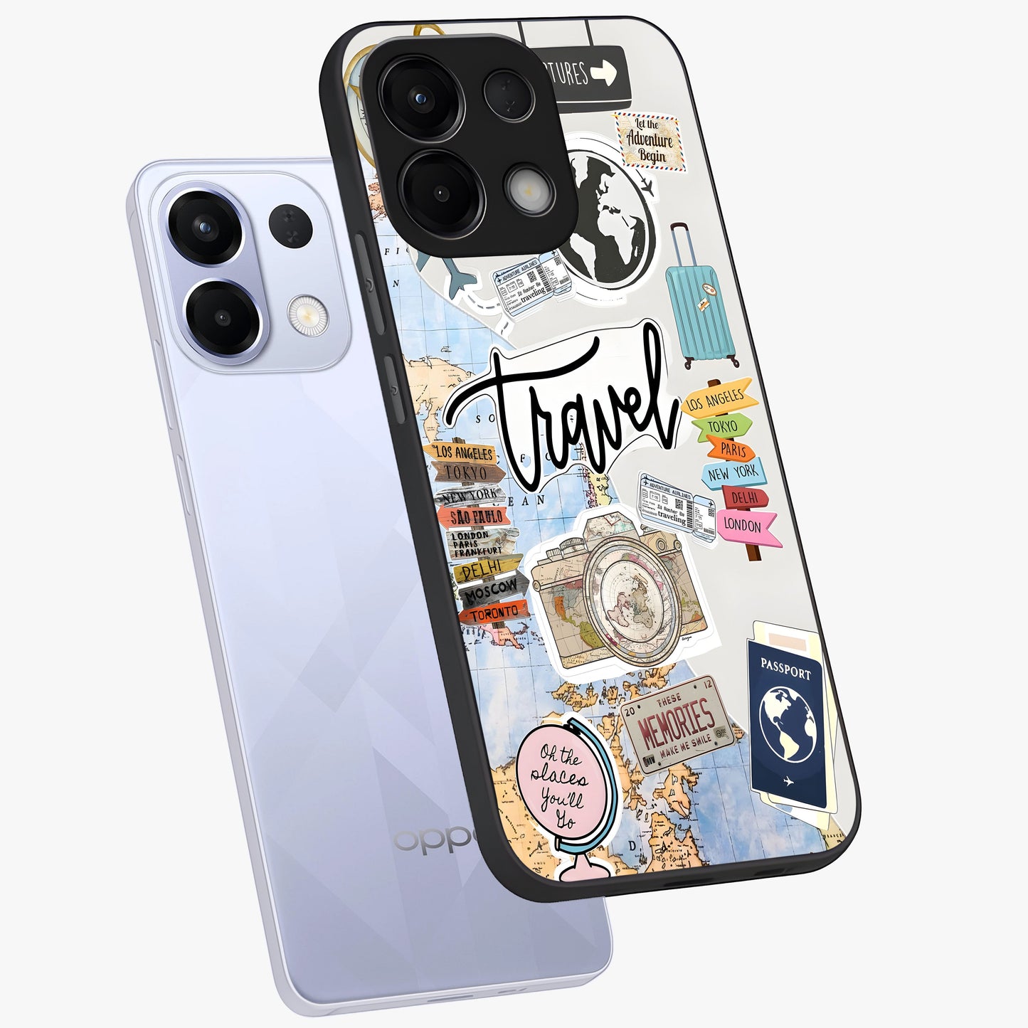Wanderlust Journal Glass Case displayed in angled mockup highlighting adventure themed design with aesthetic travel vibe.