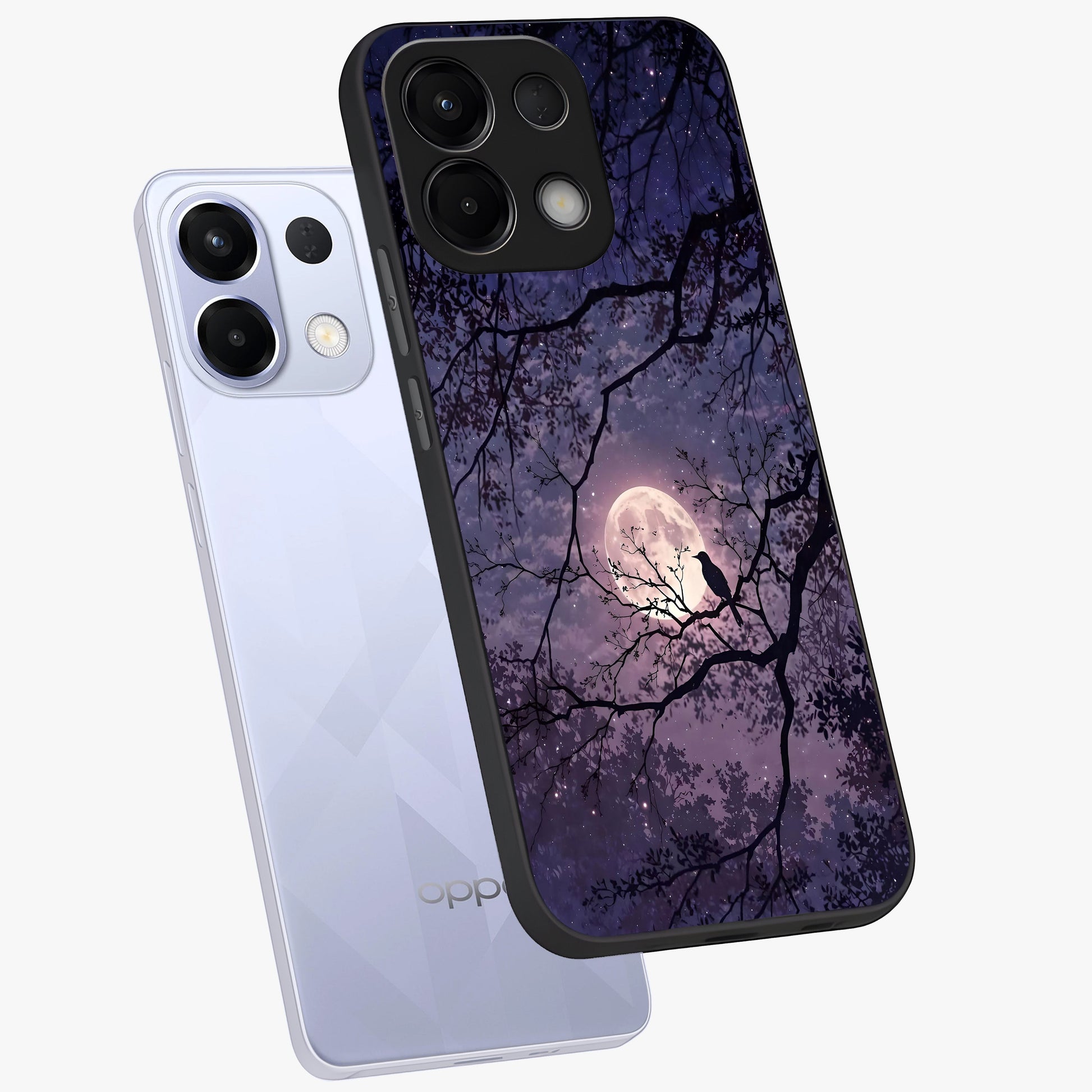 Whispering Moon Silence Glass Case displayed in angled mockup highlighting calm lunar design with dreamy night aesthetic.