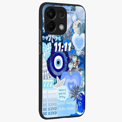 Aesthetic Be Kind Eye Glass Case upright view showcasing stylish eye illustration with positive message theme.
