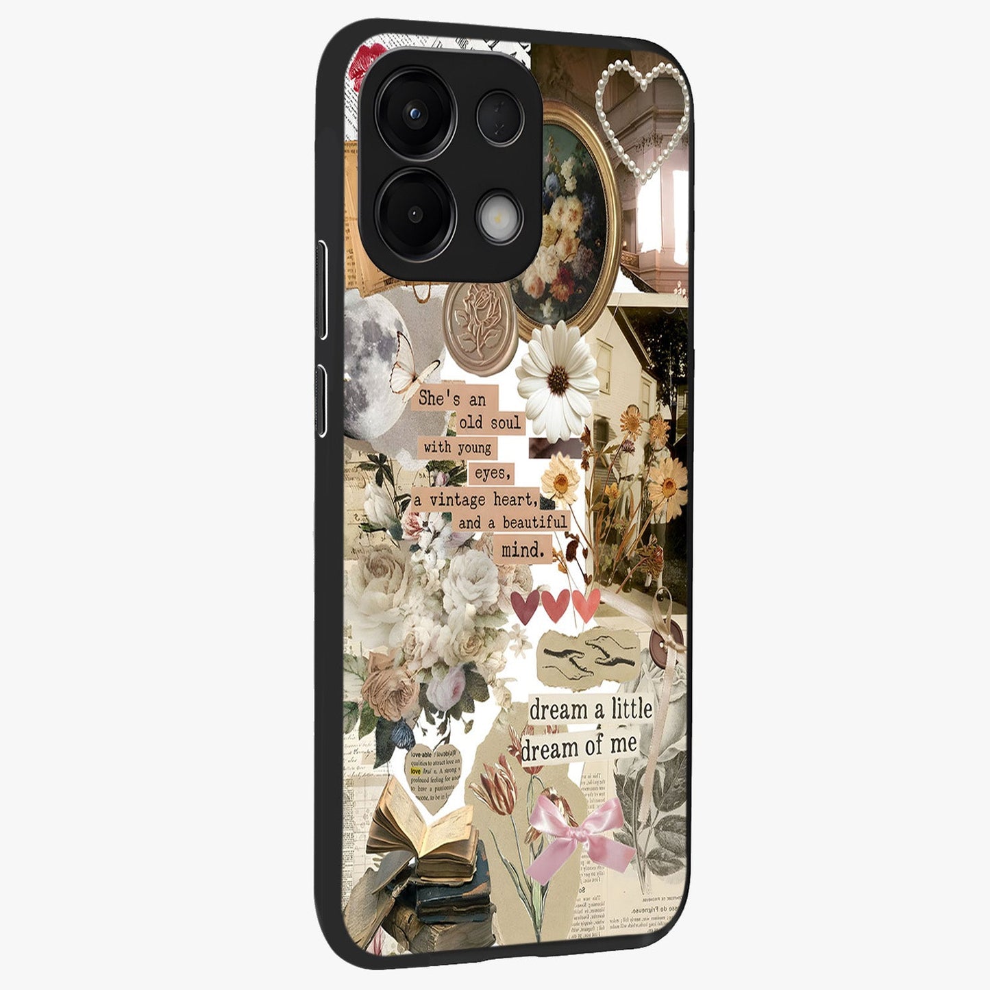 Aesthetic Brown Vintage Collage Glass Case upright view showcasing nostalgic retro artwork with stylish vintage theme.