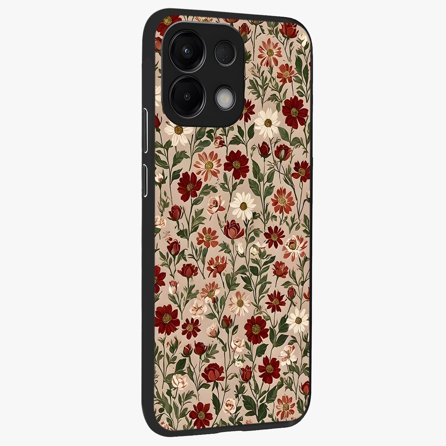Biege Flower With Leaf Glass Case upright view showcasing delicate beige flower illustration with clean botanical style.
