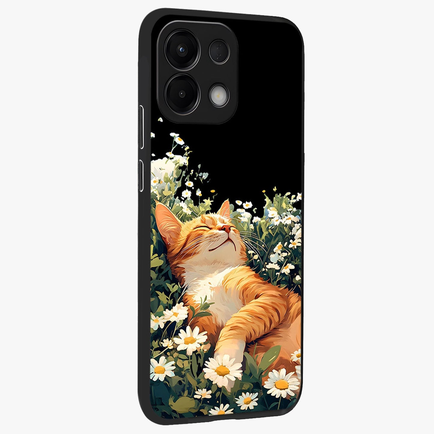 Blissful Bloom Cat Glass Case upright view showcasing charming cat design surrounded by blooming floral elements.