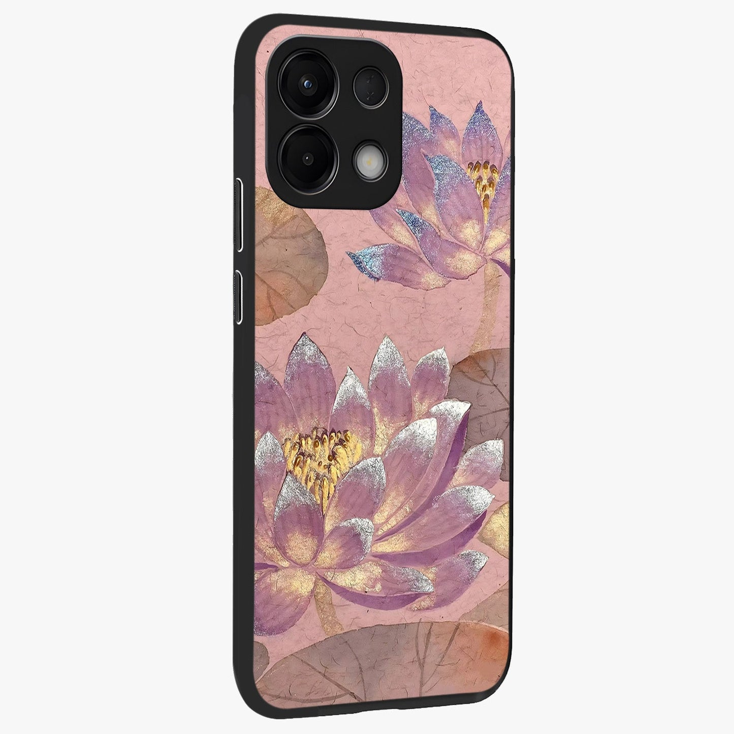 Blossom Mist Lotus Glass Case upright view showcasing graceful lotus flower design with peaceful botanical style.