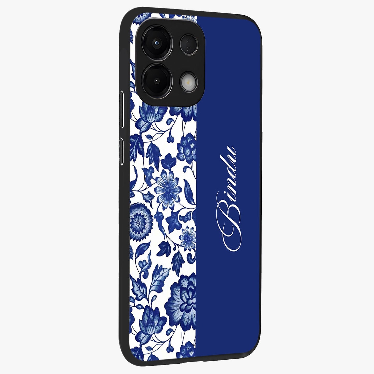 Blue Vintage Floral Pattern Glass Case upright view showcasing delicate blush floral texture with modern minimal style.