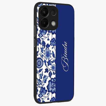 Blue Vintage Floral Pattern Glass Case upright view showcasing delicate blush floral texture with modern minimal style.