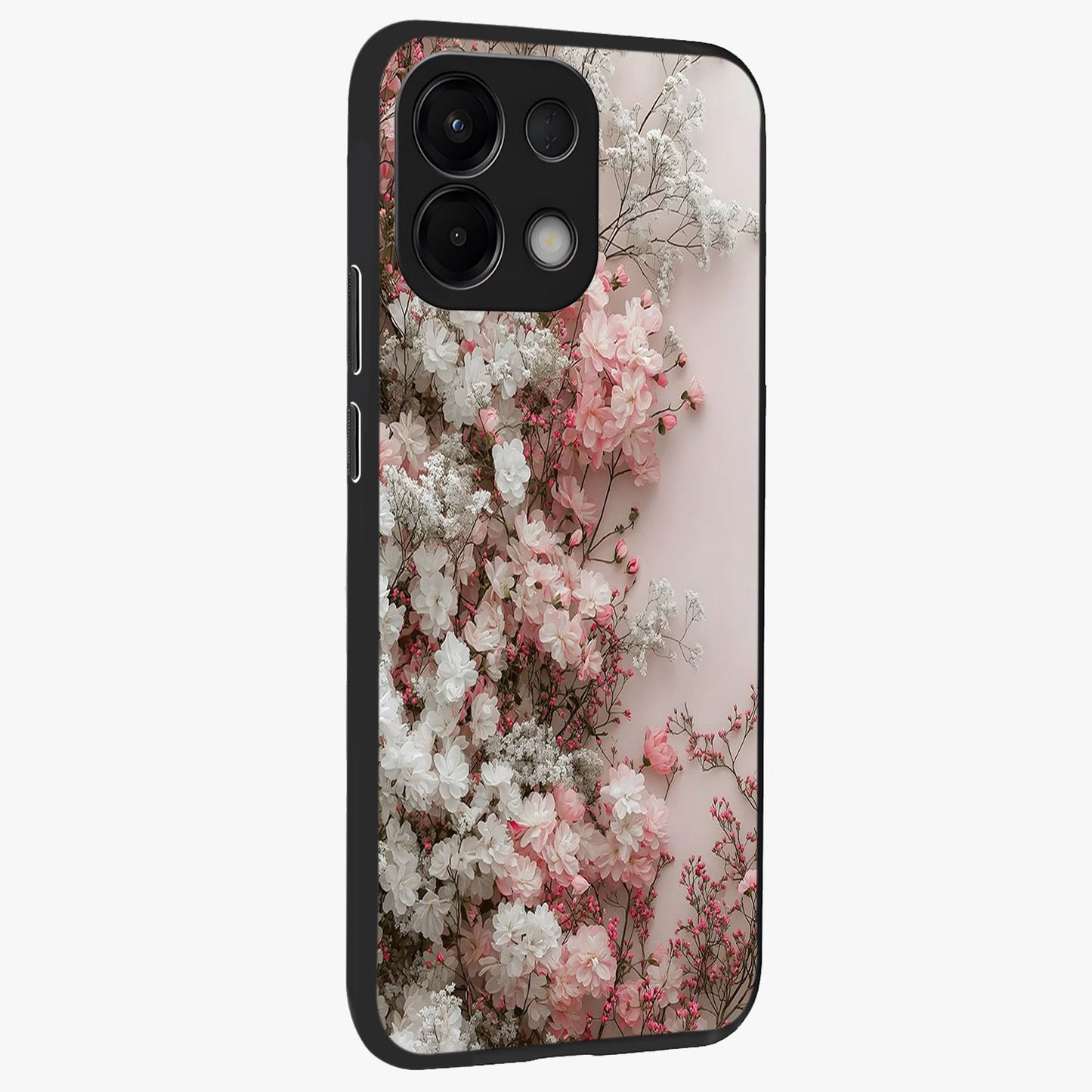 Blush Blossom Cloud Glass Case upright view showcasing calm floral cloud artwork with gentle dreamy theme.