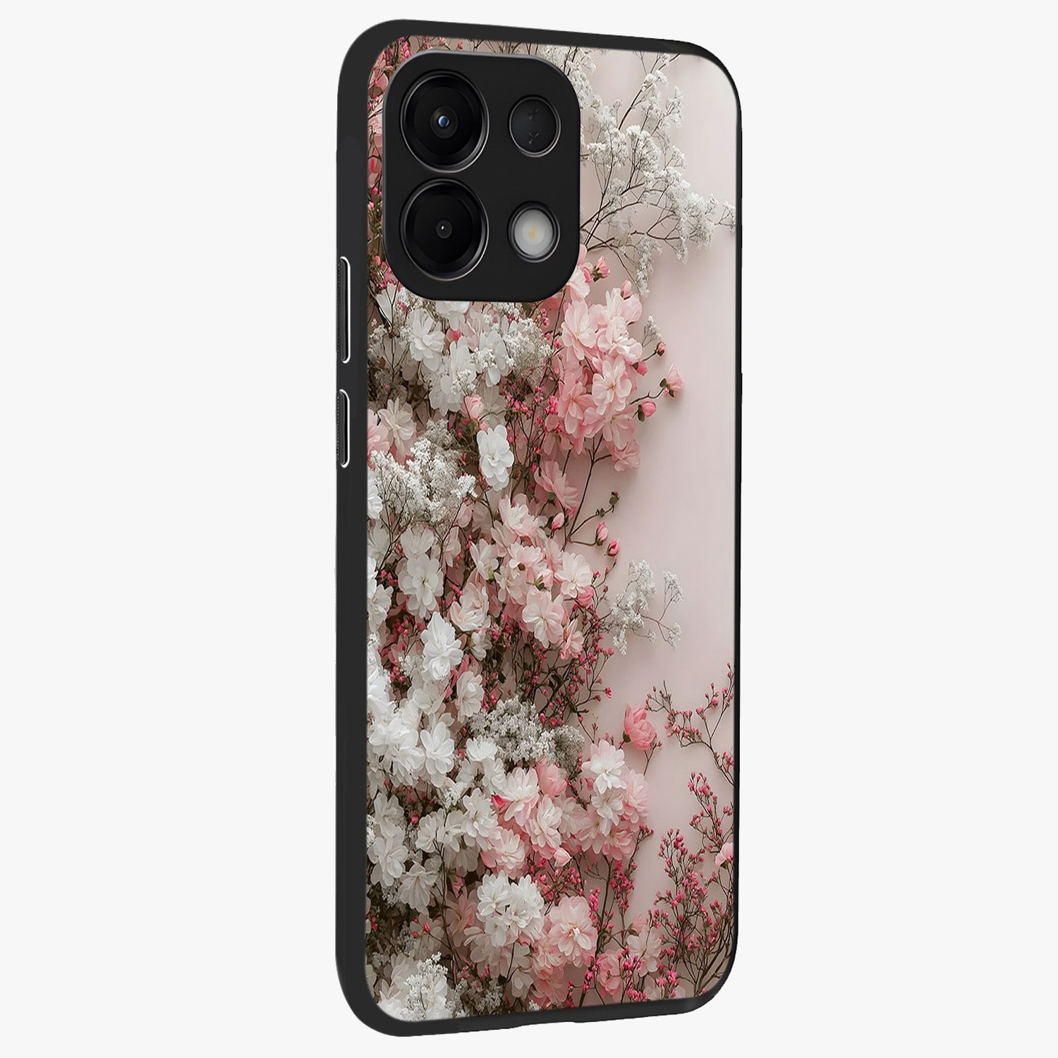 Blush Blossom Cloud Glass Case upright view showcasing calm floral cloud artwork with gentle dreamy theme.