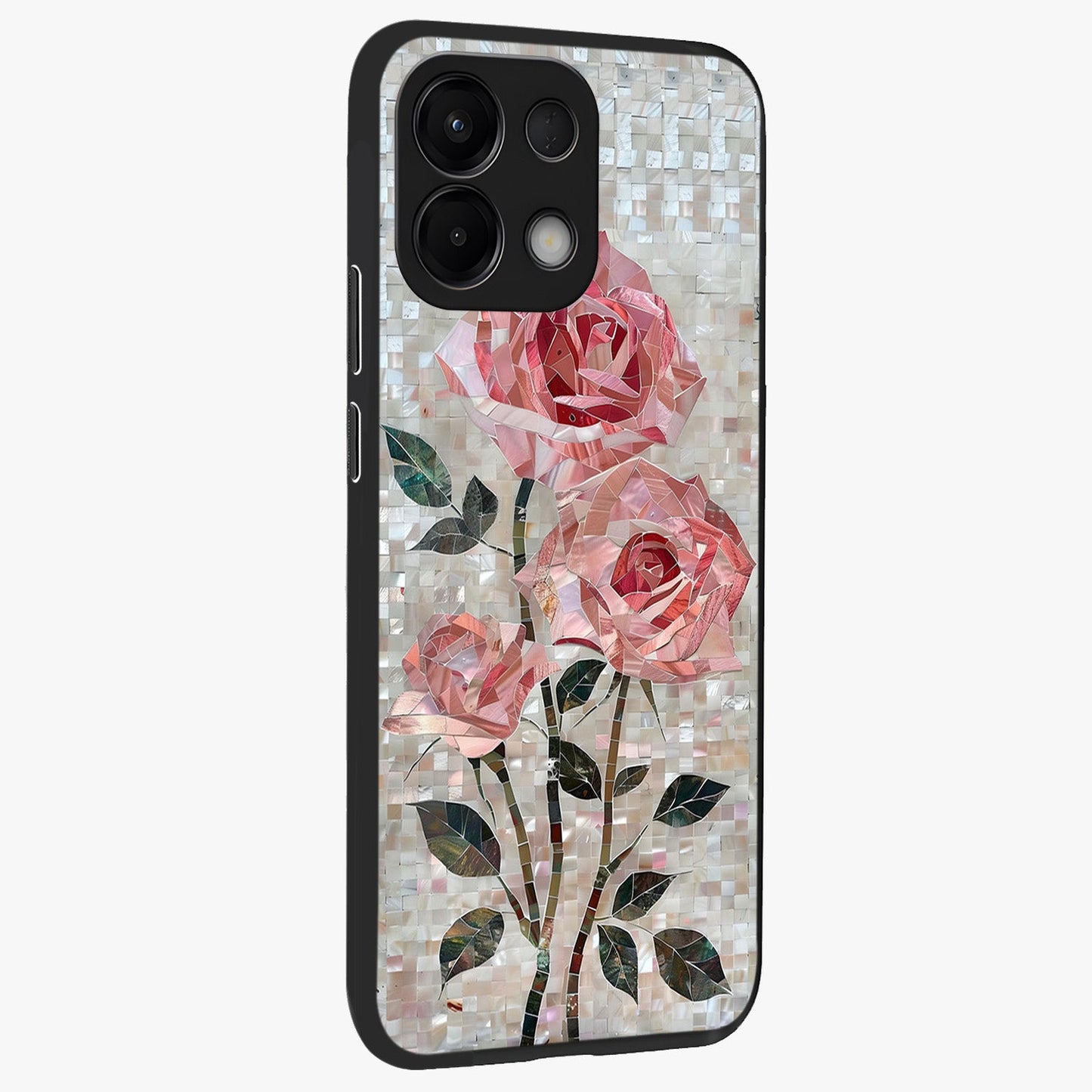 Blush Mosaic Bloom Glass Case upright view showcasing decorative floral mosaic artwork with stylish modern aesthetic.