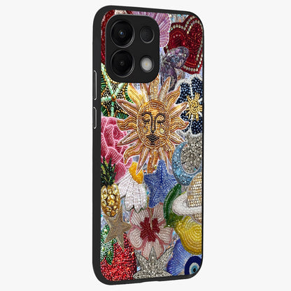 Celestial Floral and Playful Glass Case upright view showcasing whimsical floral artwork with cosmic aesthetic theme.