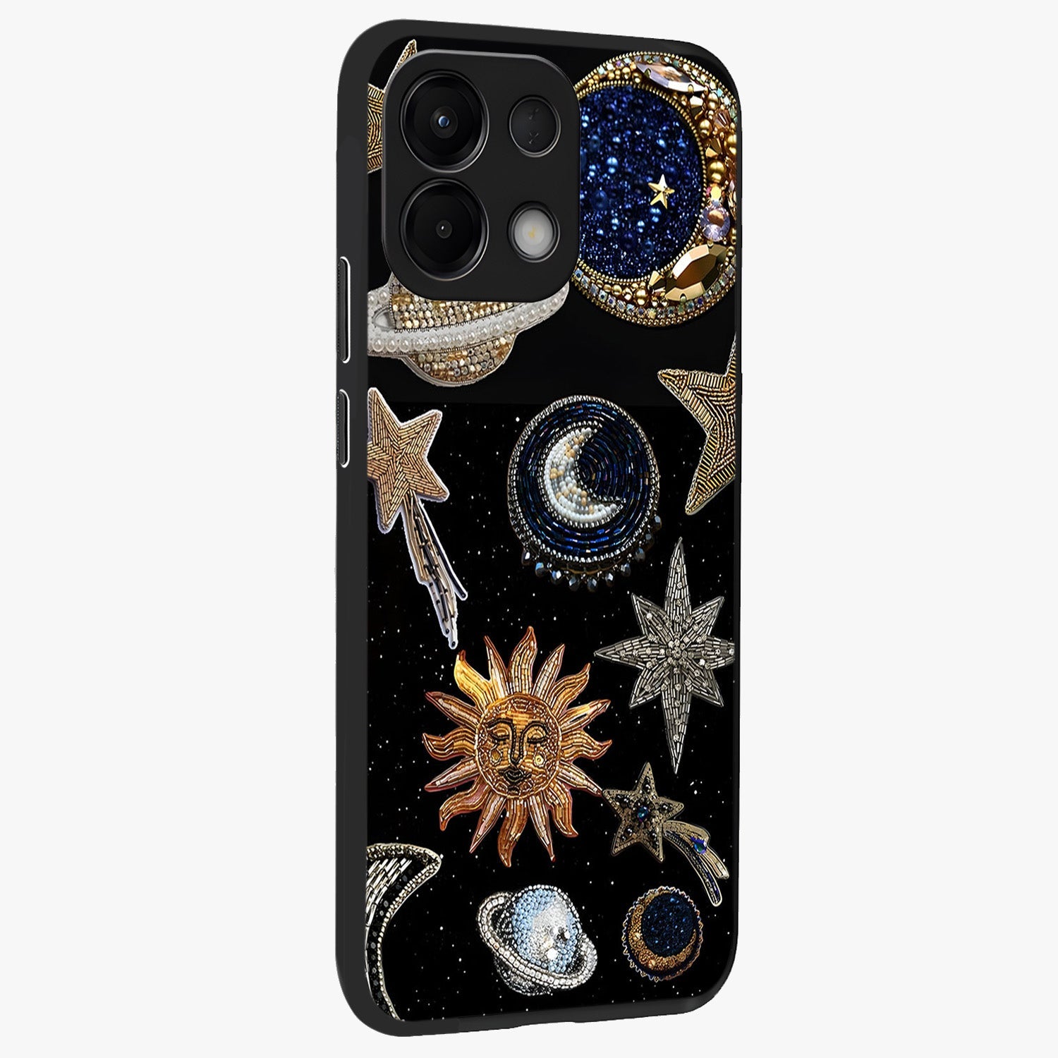 Celestial Gem Constellations Glass Case upright view showcasing cosmic constellation artwork with celestial aesthetic style.