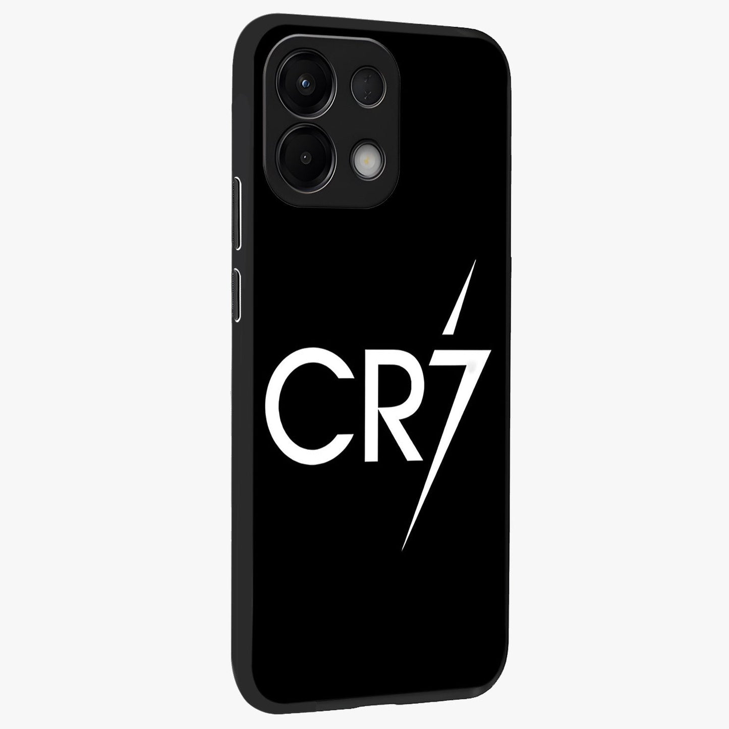 Cr7 Elite Strike Glass Case upright view showcasing energetic football inspired design with modern sports aesthetic.