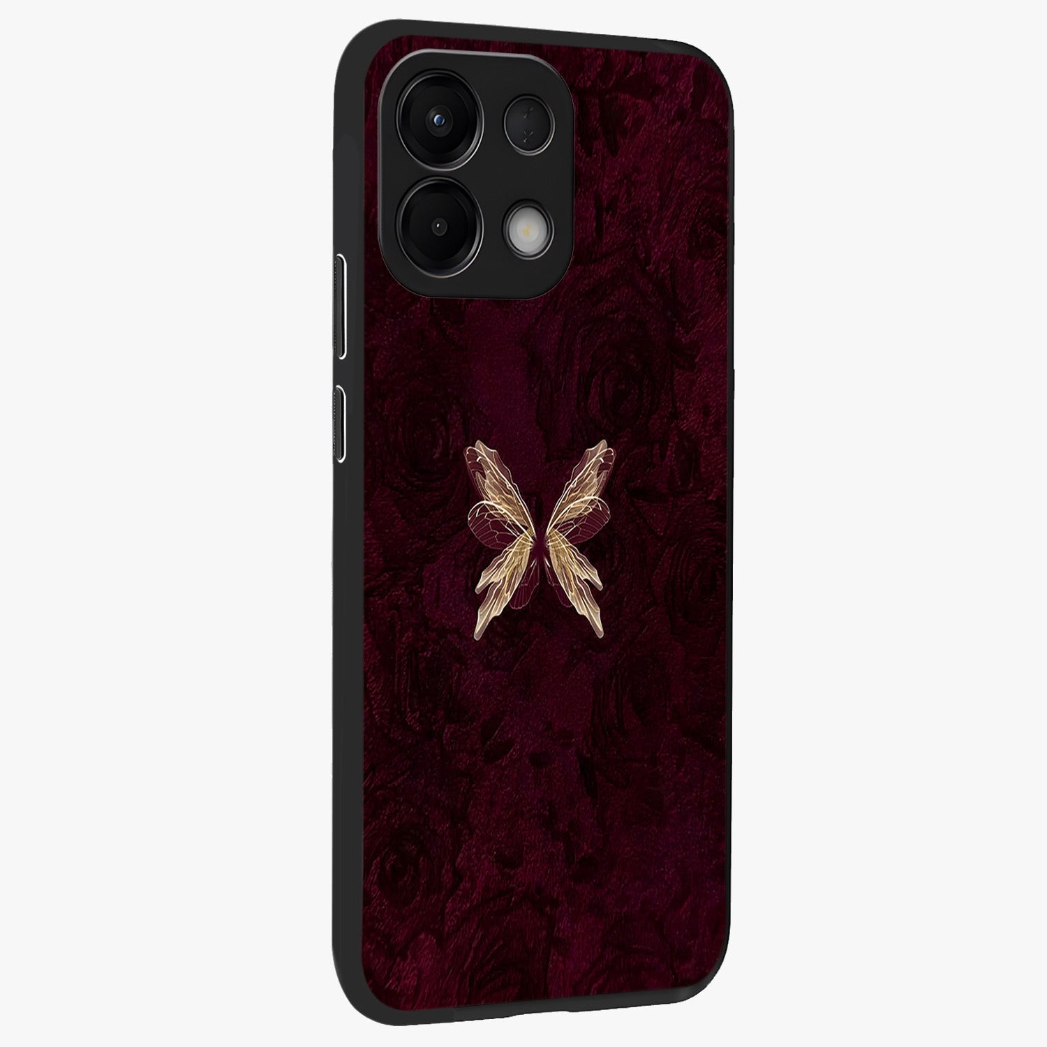 Crimson Fade Butterfly Glass Case upright view showcasing graceful butterfly artwork with soft crimson fade effect.