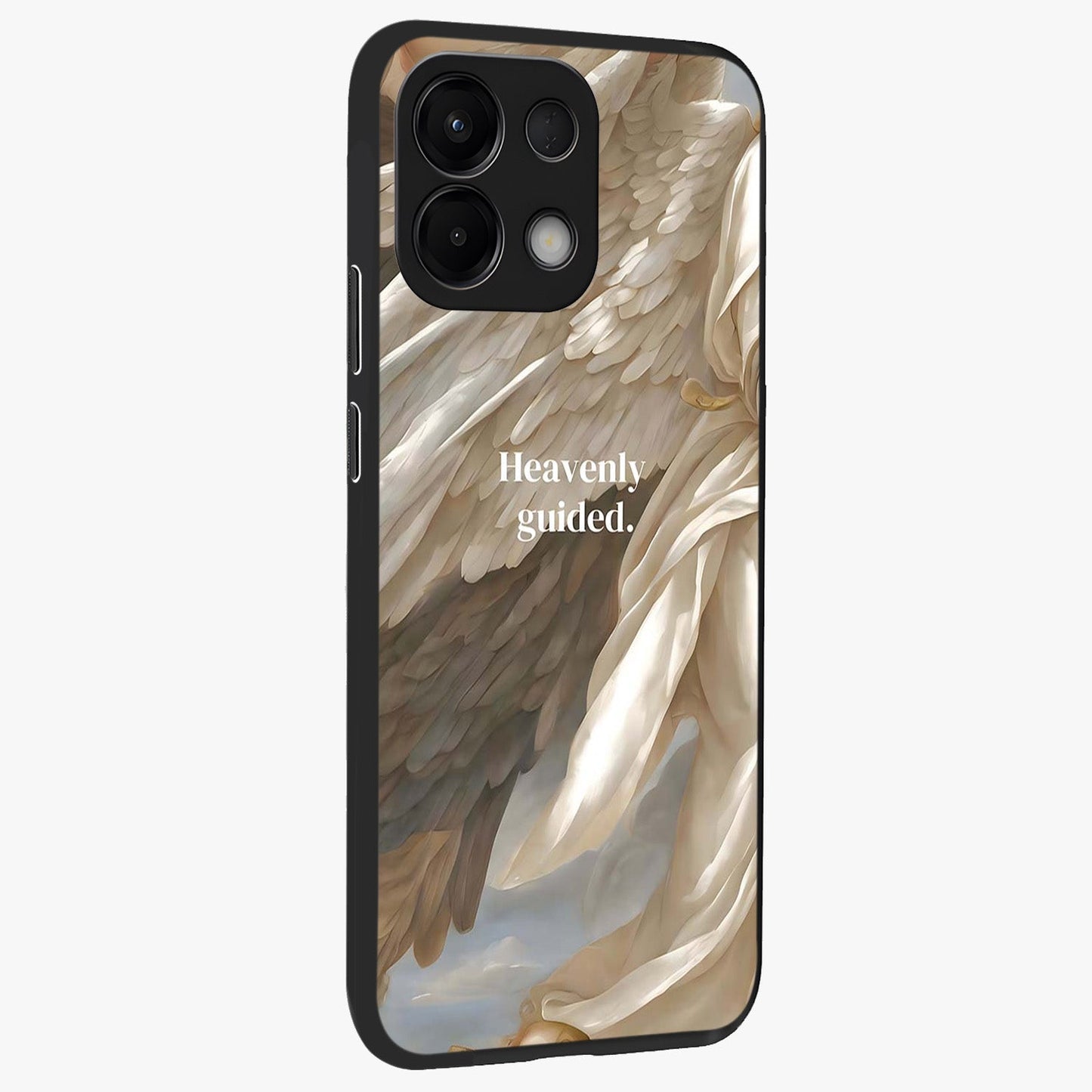 Divine Winged Grace Glass Case upright view showcasing spiritual wing artwork with soft celestial theme.