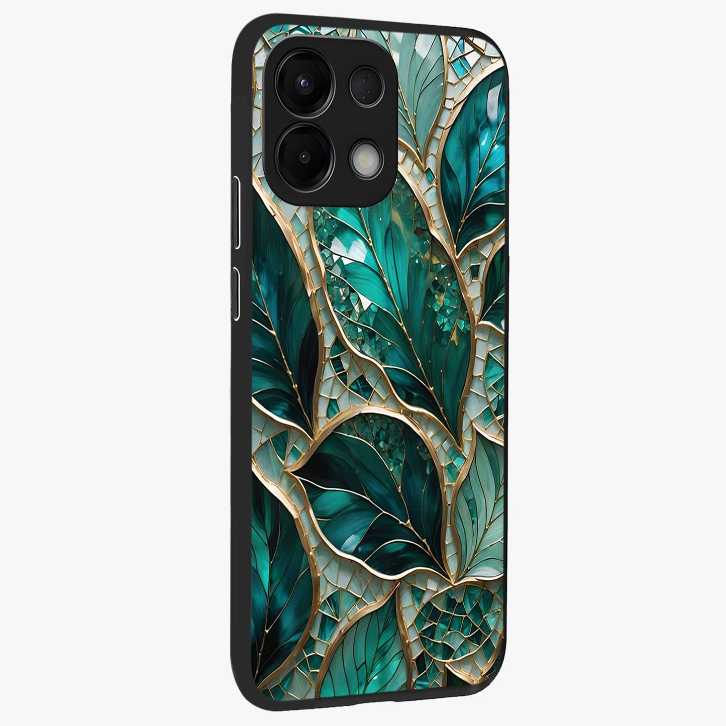 Emerald Leaf Glass Glass Case upright view showcasing fresh green leaf artwork with calming nature inspired style.