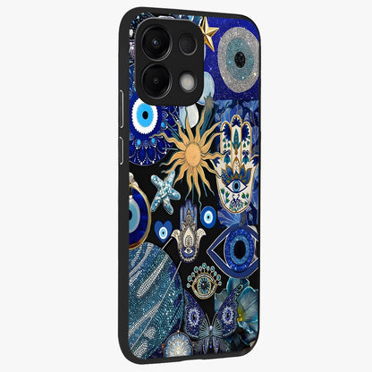 Evil Eye Charm Mix Glass Case upright view showcasing mystical evil eye pattern with vibrant decorative style.