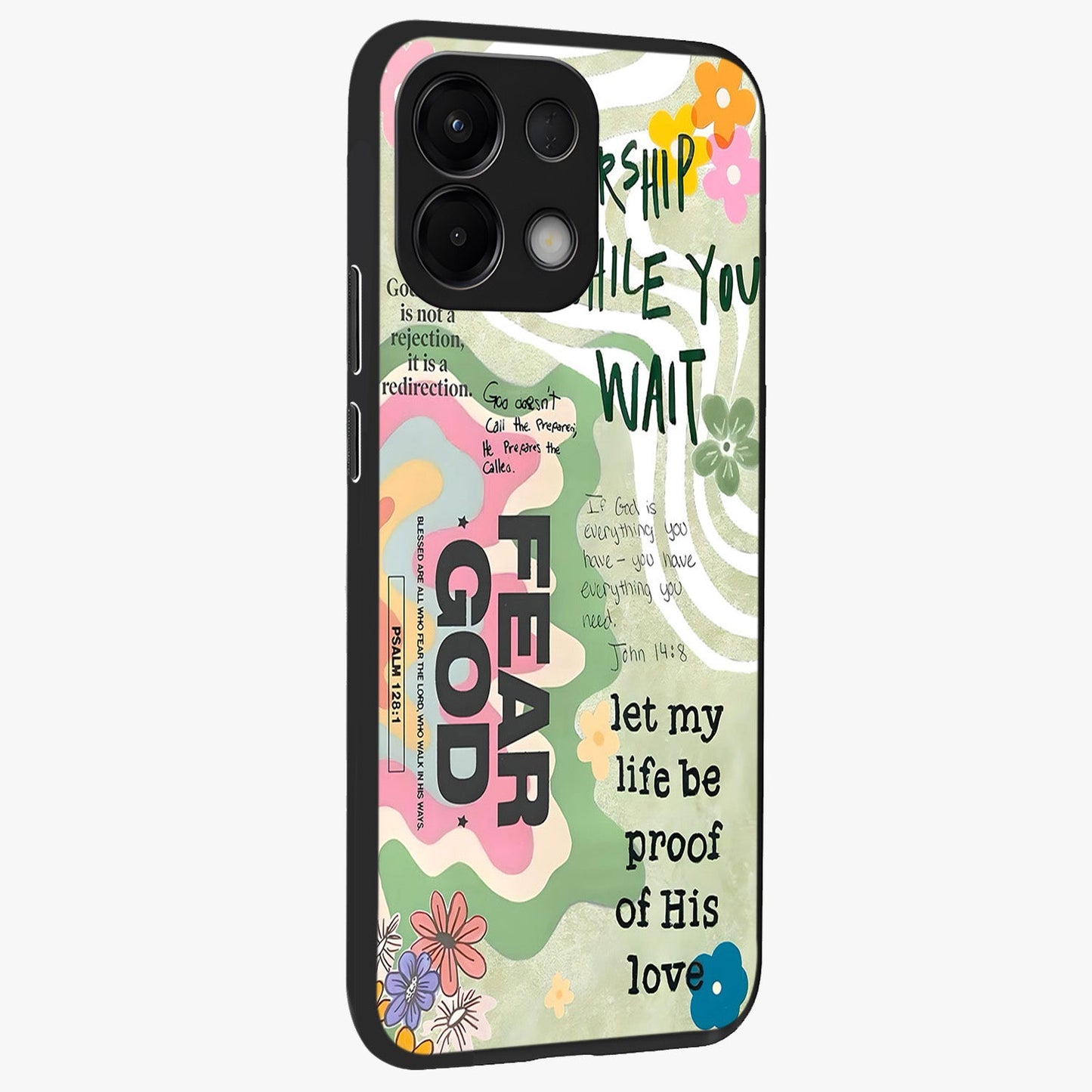 Faith Over Fear Glass Case upright view showcasing bold typography artwork with uplifting motivational theme.