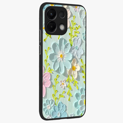 Frosted Petal Garden Glass Case upright view showcasing elegant floral garden artwork with soothing pastel theme.