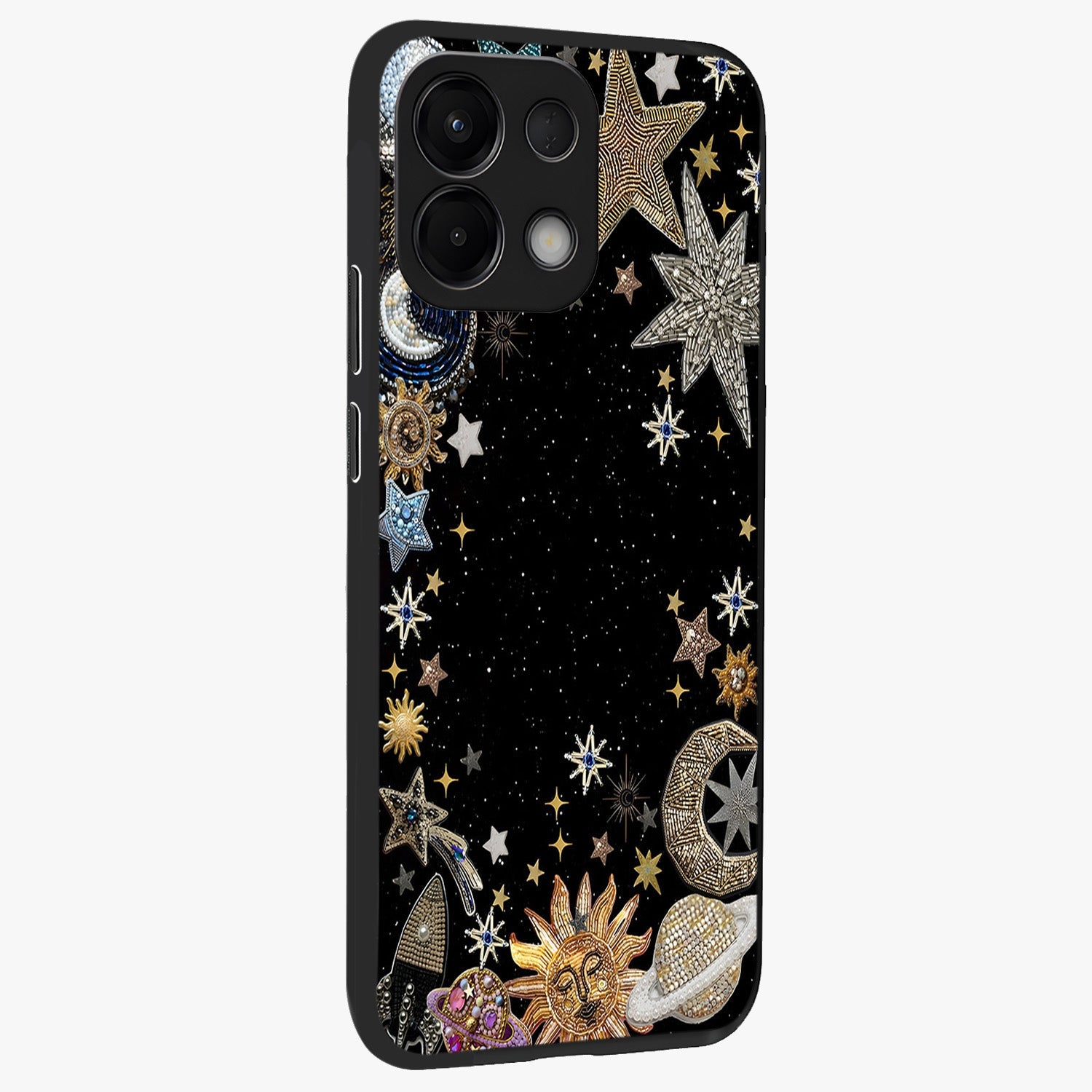 Galactic Jewel Stars Glass Case upright view showcasing glittering star jewel artwork with vibrant galaxy theme.