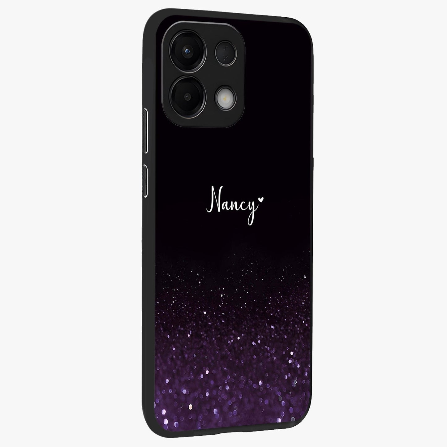 Glittery Purple Bokeh Custom Name Glass Case upright view showcasing vibrant purple sparkle artwork with personalized aesthetic style.