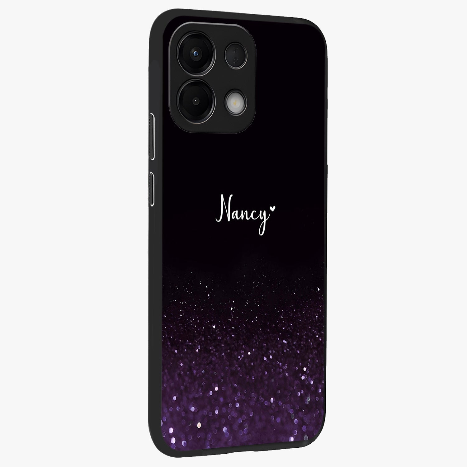 Glittery Purple Bokeh Custom Name Glass Case upright view showcasing vibrant purple sparkle artwork with personalized aesthetic style.