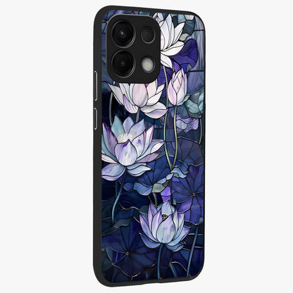 Gloss Petal Rush Glass Case upright view showcasing dynamic floral petal artwork with modern botanical theme.