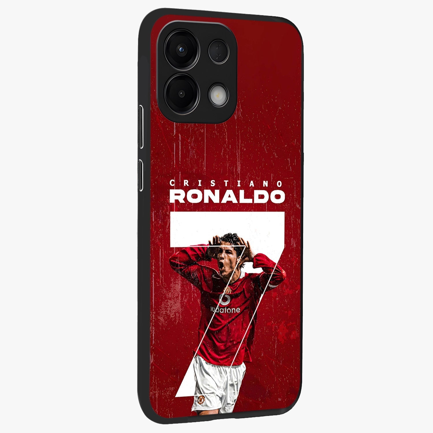 Goal Celebration Legacy Glass Case upright view showcasing dynamic football inspired artwork with victory celebration aesthetic.