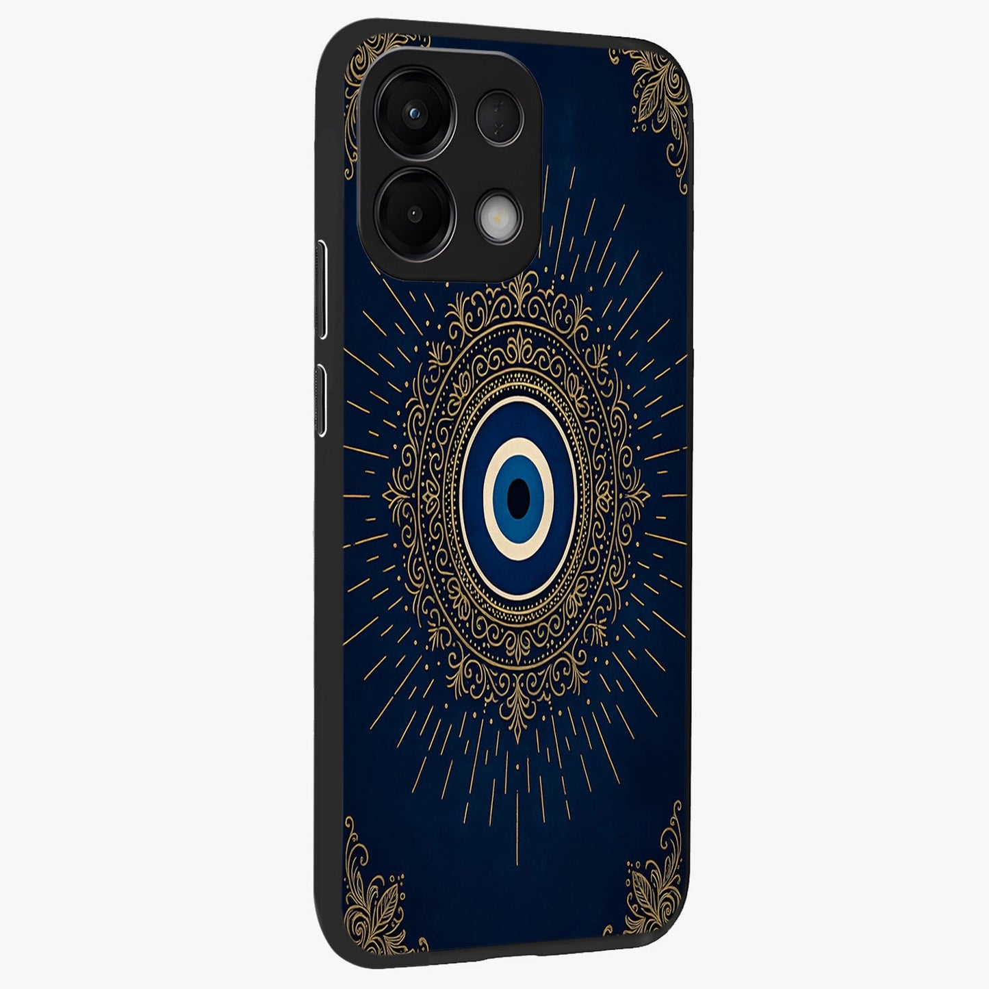 Golden Celestial Charm Glass Case upright view showcasing radiant celestial artwork with elegant golden theme.