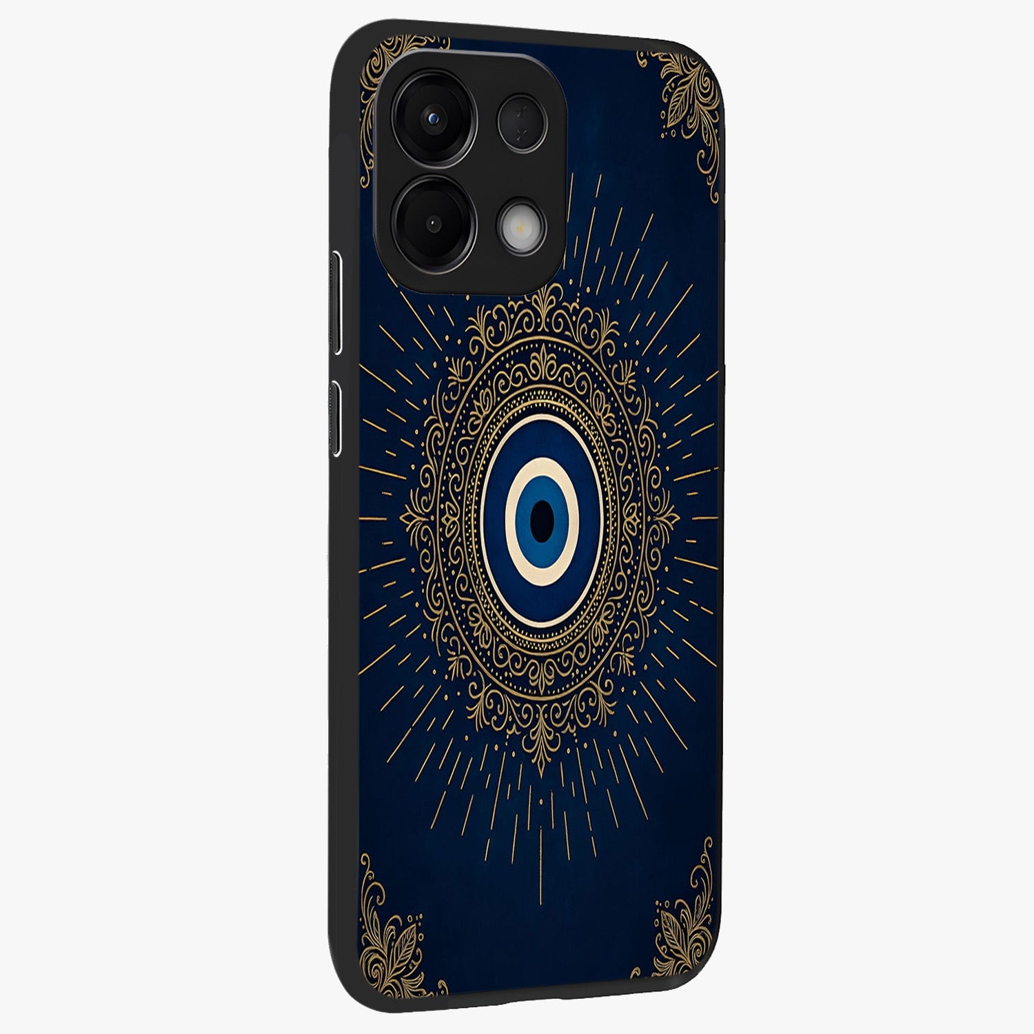 Golden Celestial Charm Glass Case upright view showcasing radiant celestial artwork with elegant golden theme.