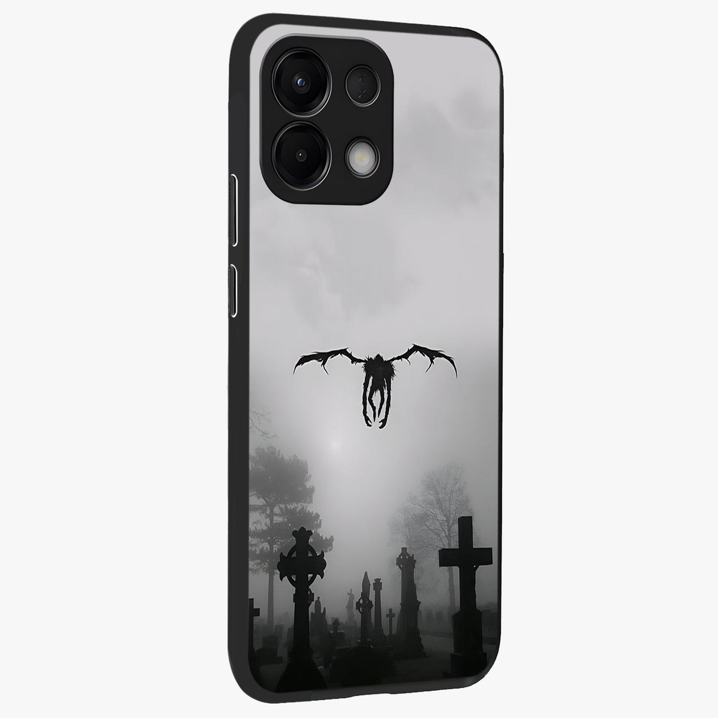 Graveyard Shadow Descent Glass Case upright view showcasing haunting graveyard artwork with dramatic dark theme.