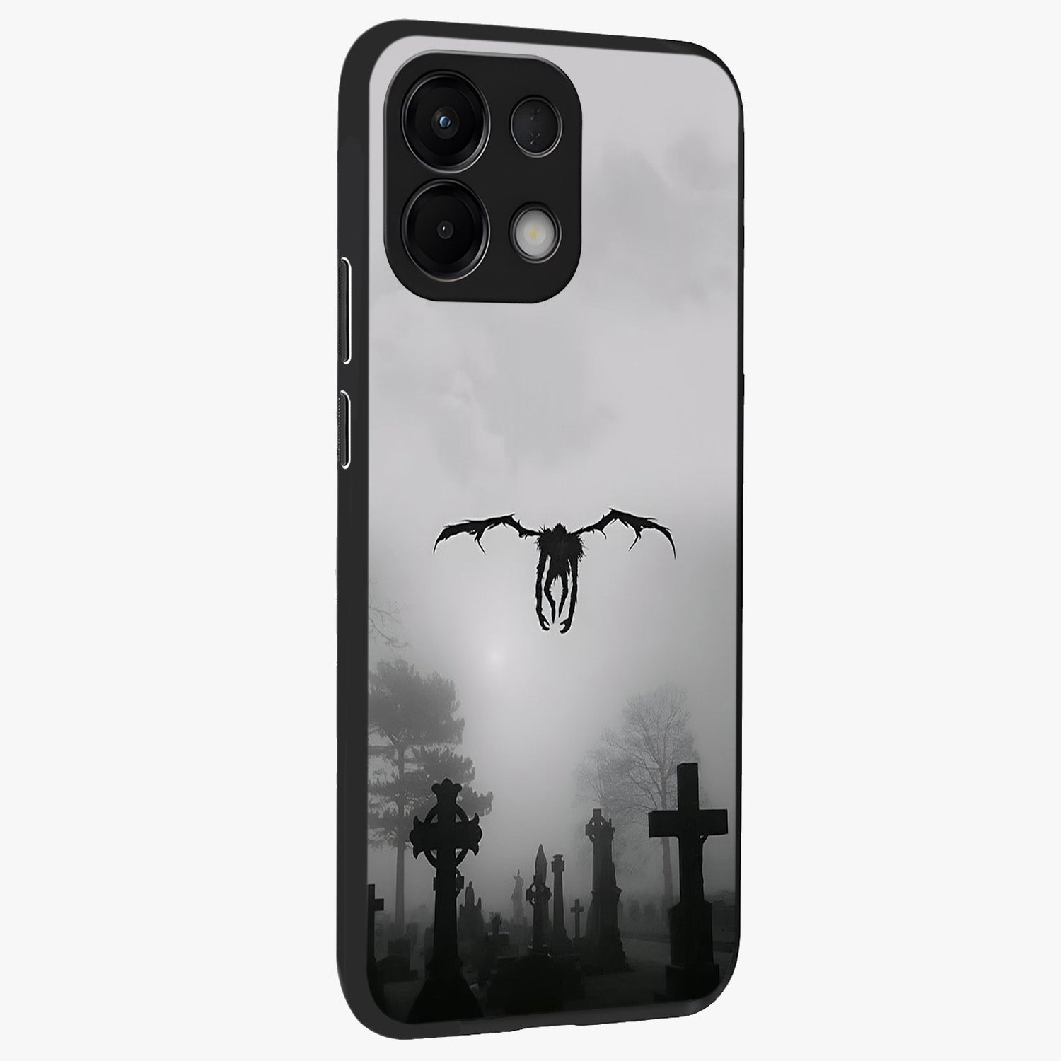 Graveyard Shadow Descent Glass Case upright view showcasing haunting graveyard artwork with dramatic dark theme.