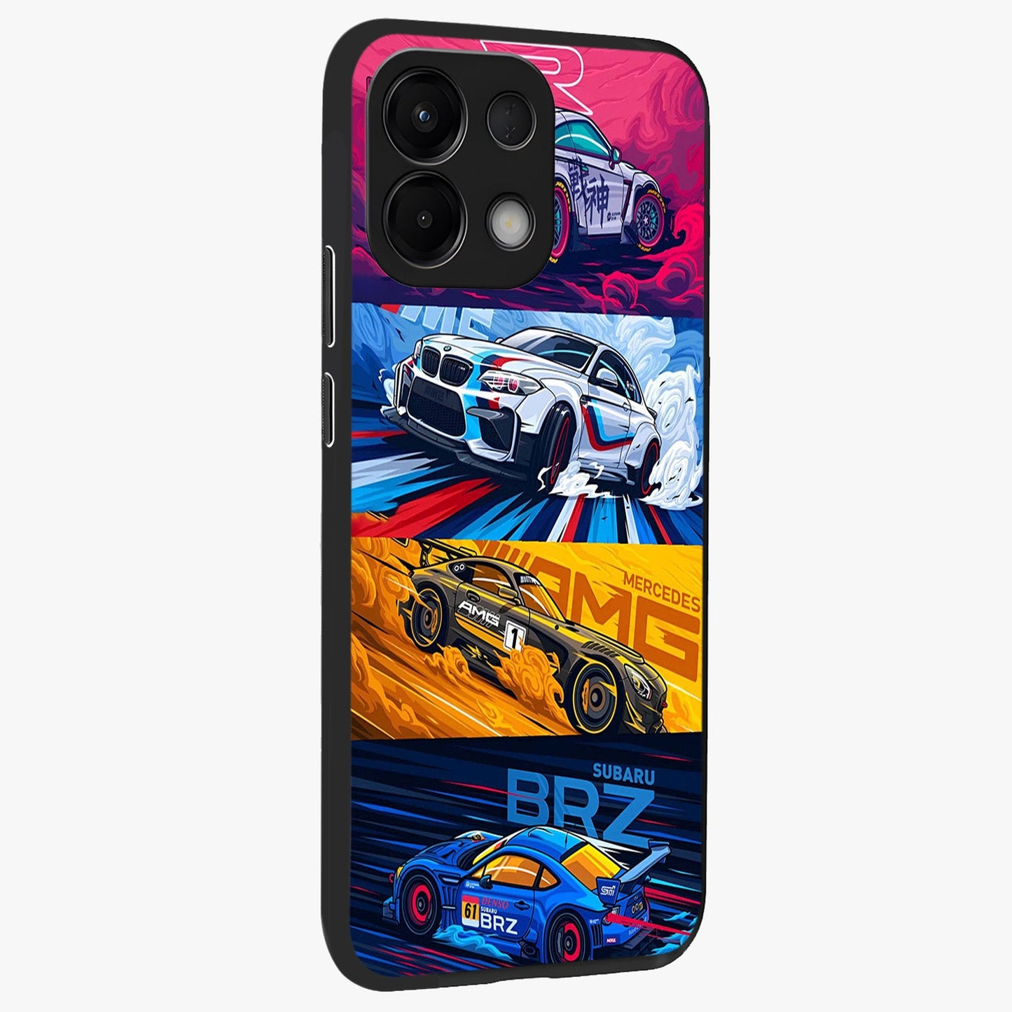 JDM Sports Car Glass Case upright view showcasing dynamic sports car artwork with bold racing theme.