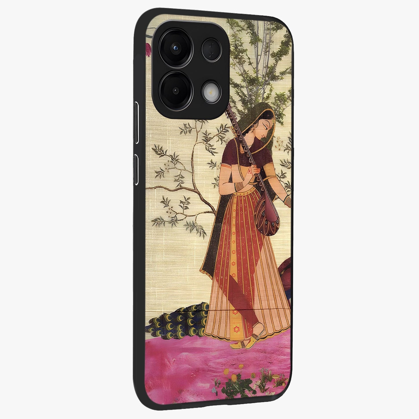 Lady With Veena Art Glass Case upright view showcasing classical veena artwork with traditional artistic theme.