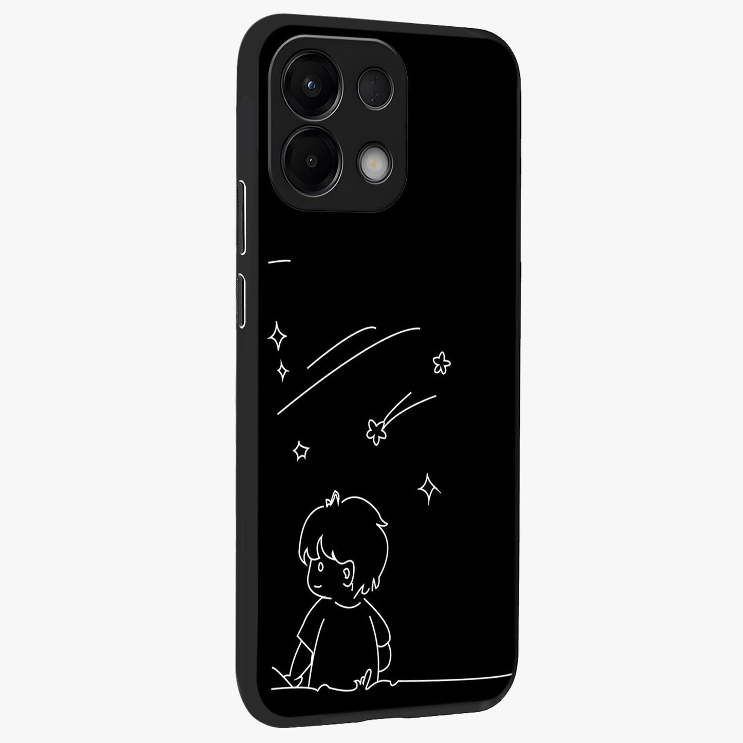 Line Art Boy With Shooting Stars Glass Case upright view showcasing artistic shooting star illustration with minimal style.