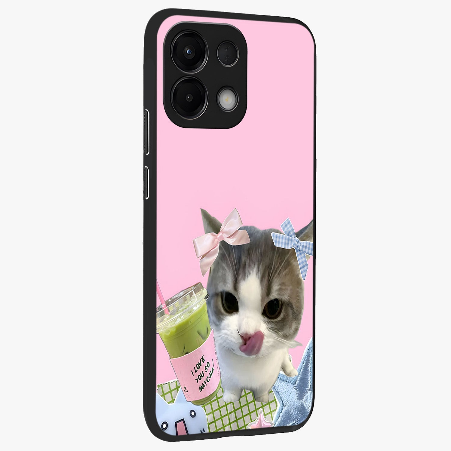 Love Matcha Cat Glass Case upright view showcasing adorable cat artwork with charming matcha themed design.