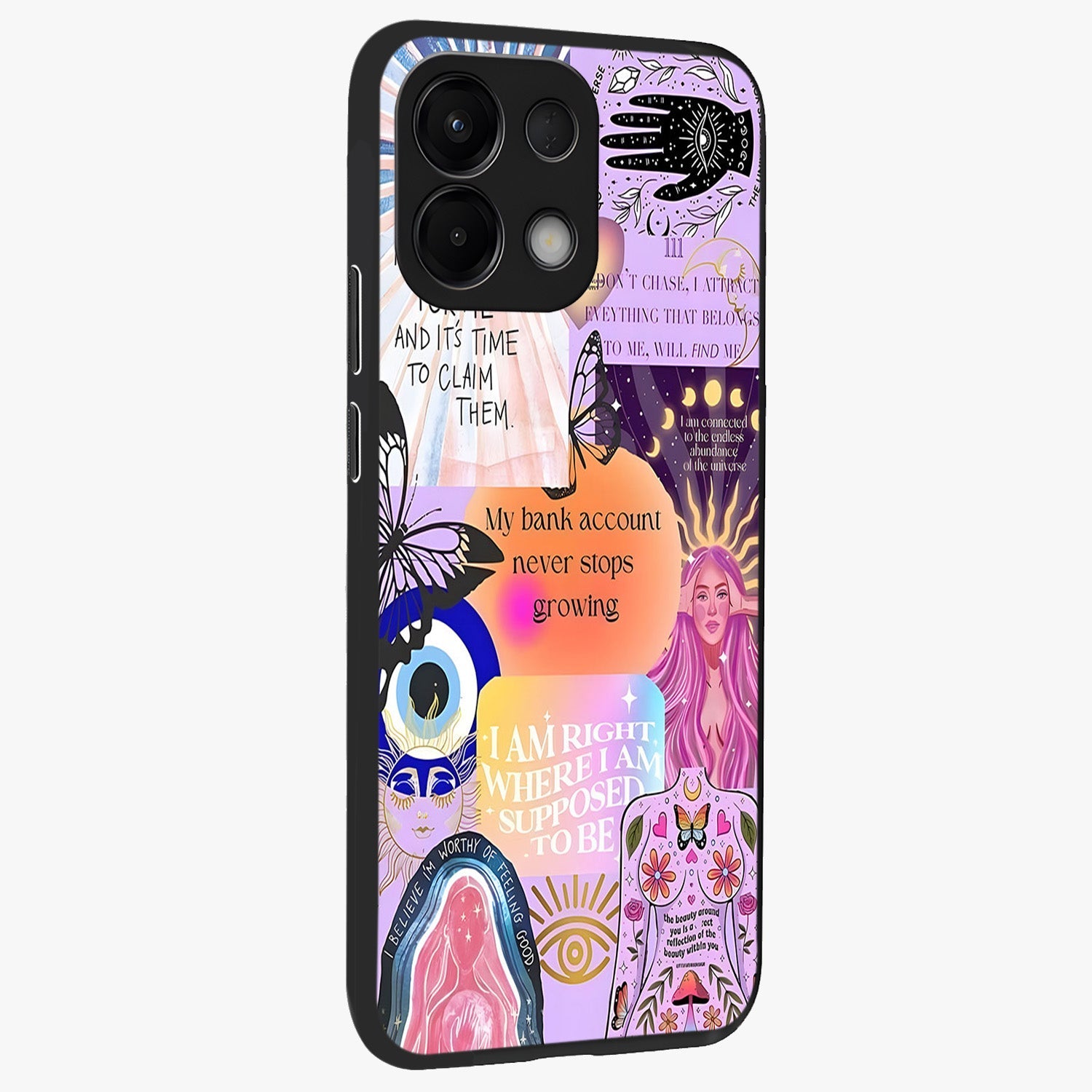Manifestation Collage Glass Case upright view showcasing artistic manifestation themed artwork with creative style.