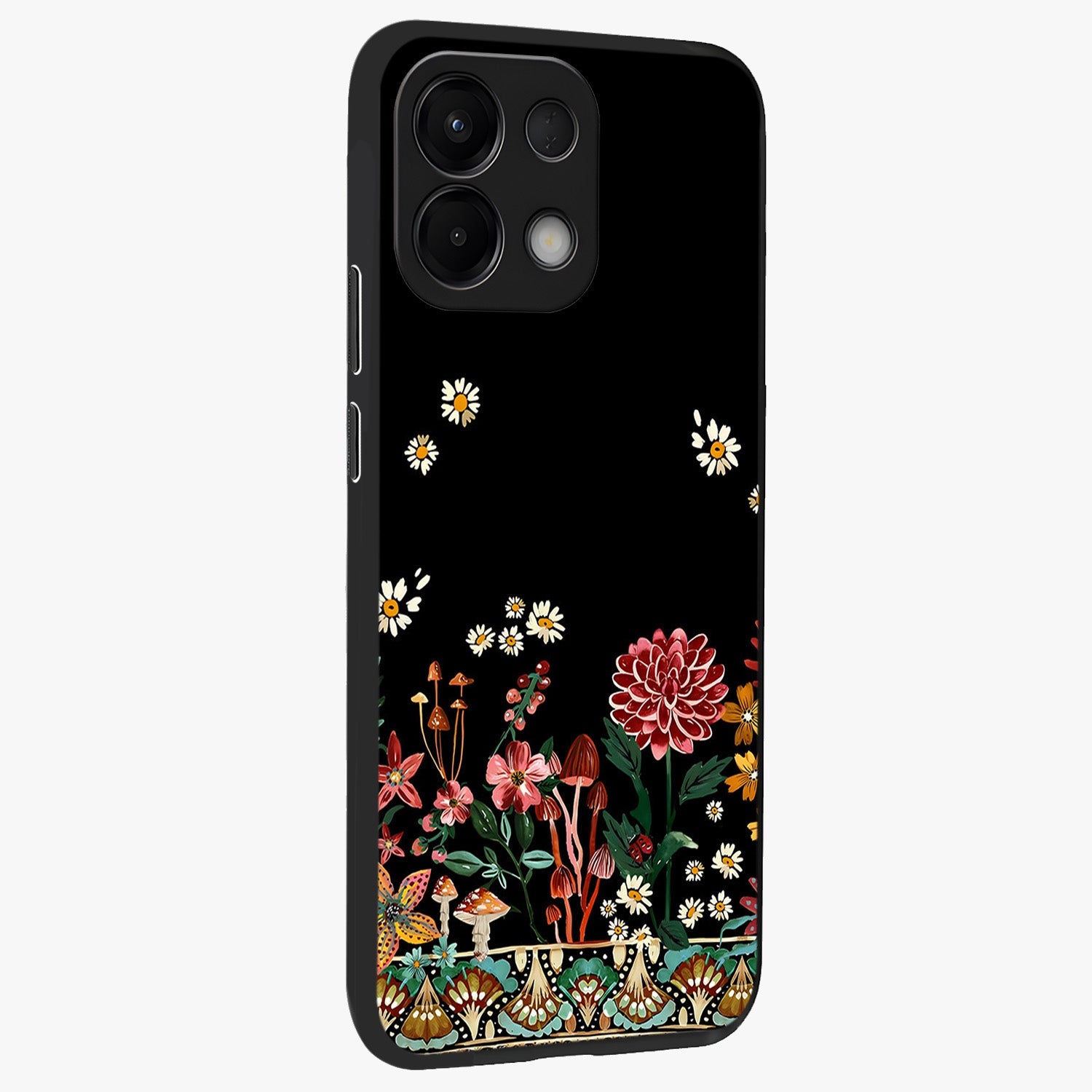 Midnight Bloom Pattern Glass Case upright view showcasing decorative floral artwork with deep night themed palette.