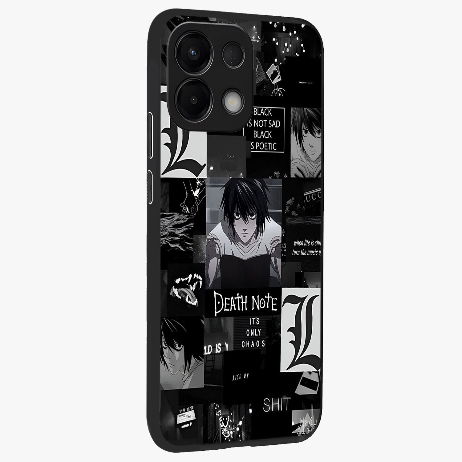 Midnight Chaos Mind Glass Case upright view showcasing expressive abstract artwork with bold dark theme.
