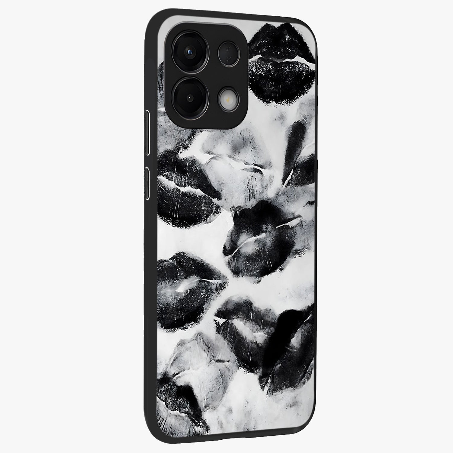 Midnight Kiss Marks Glass Case upright view showcasing stylish kiss mark artwork with trendy romantic theme.