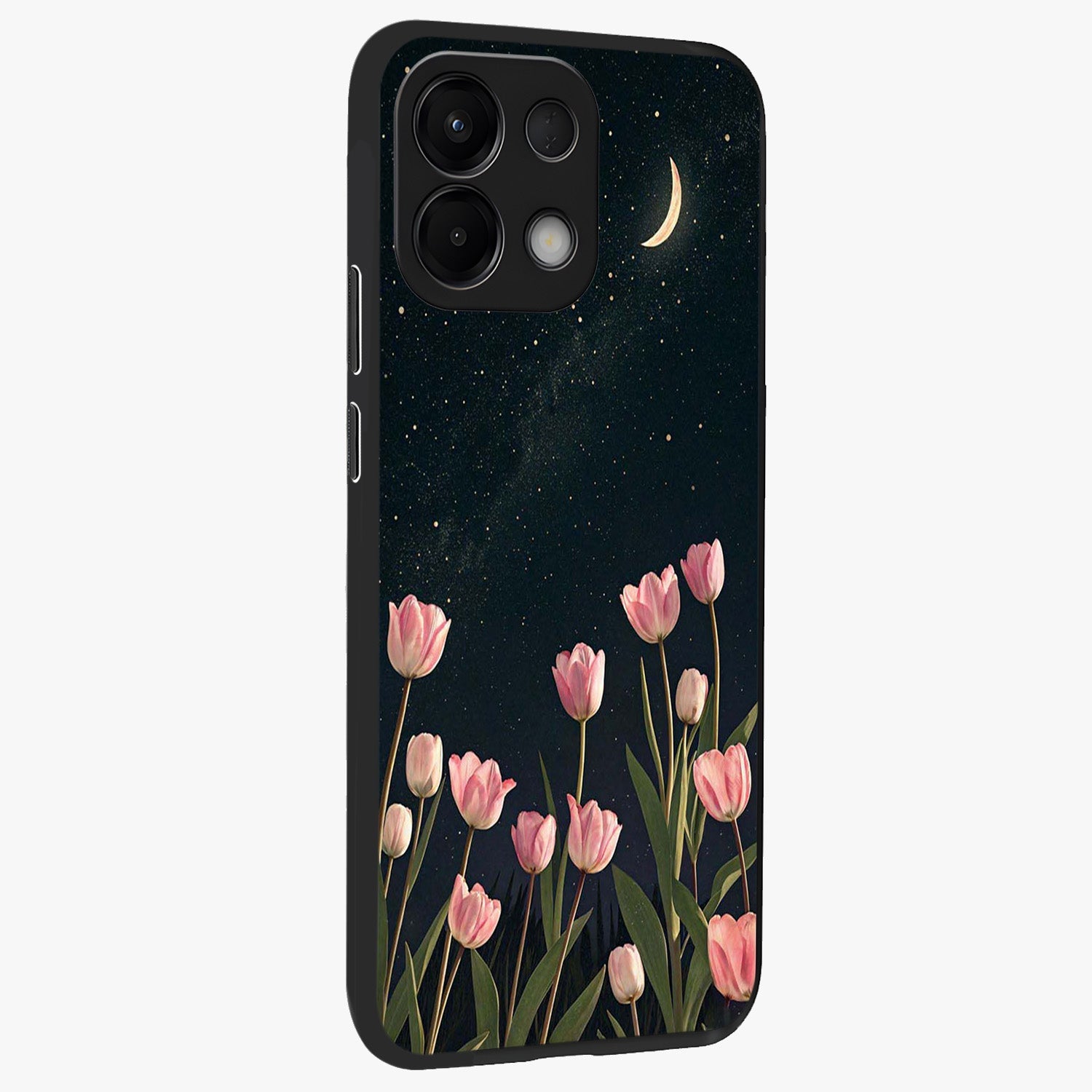 Midnight Tulip Whispers Vibe Glass Case upright view showcasing graceful tulip artwork with calm botanical theme.