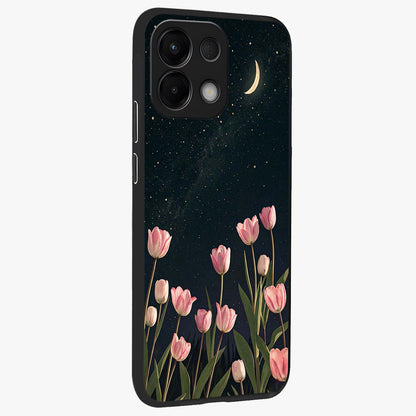 Midnight Tulip Whispers Vibe Glass Case upright view showcasing graceful tulip artwork with calm botanical theme.